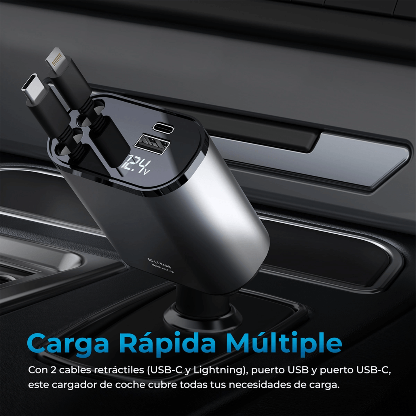 Cargador USB-C Retráctil 4 en 1 para Auto