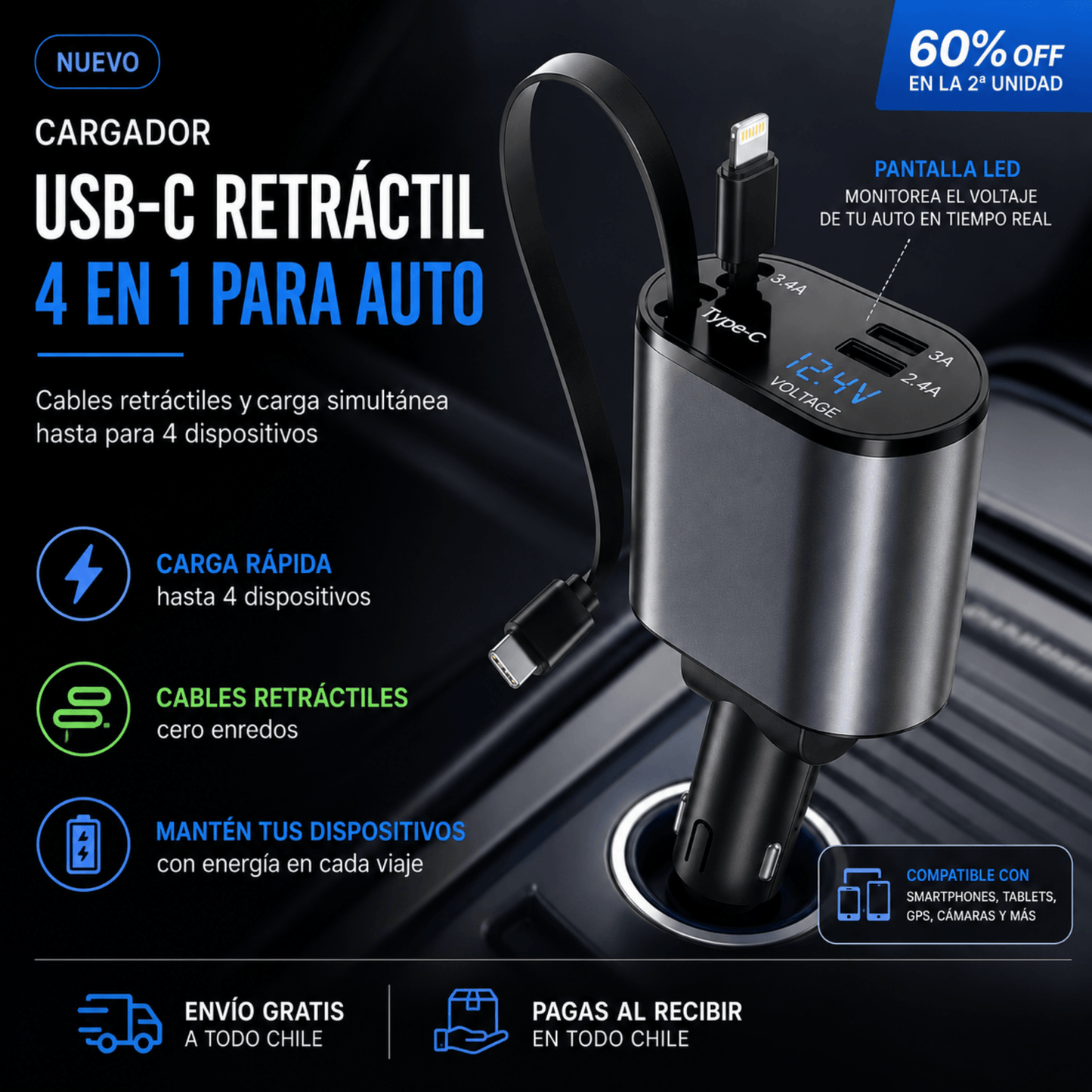 Cargador USB-C Retráctil 4 en 1 para Auto