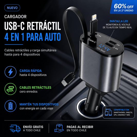 Cargador USB-C Retráctil 4 en 1 para Auto