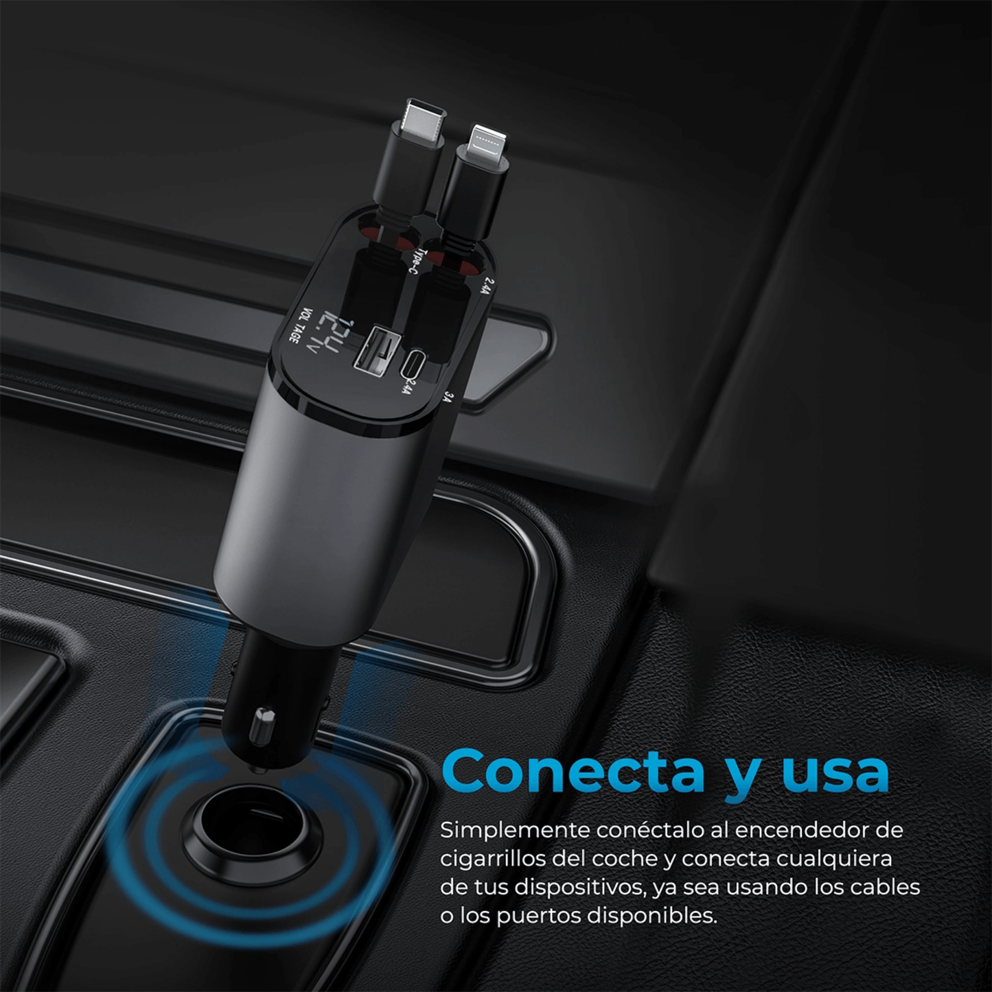 Cargador USB-C Retráctil 4 en 1 para Auto