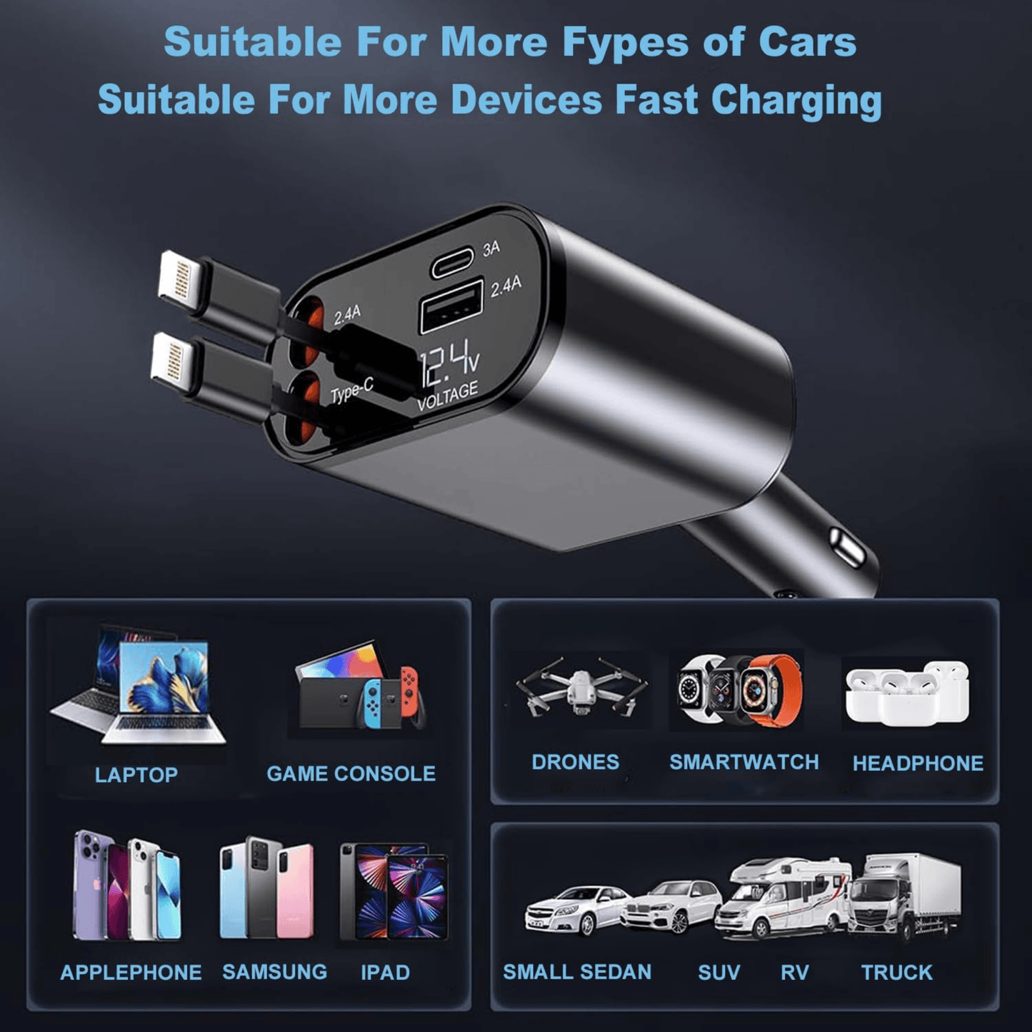 Cargador USB-C Retráctil 4 en 1 para Auto