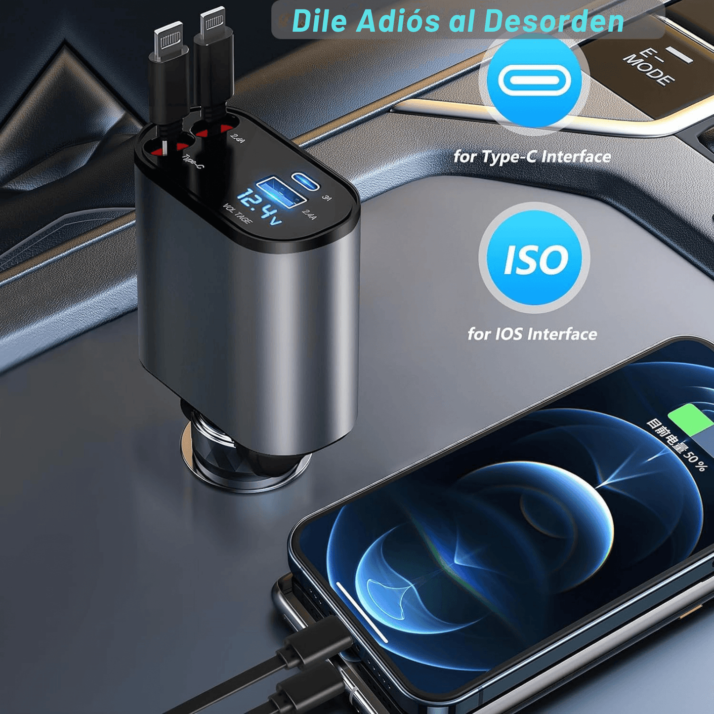 Cargador USB-C Retráctil 4 en 1 para Auto